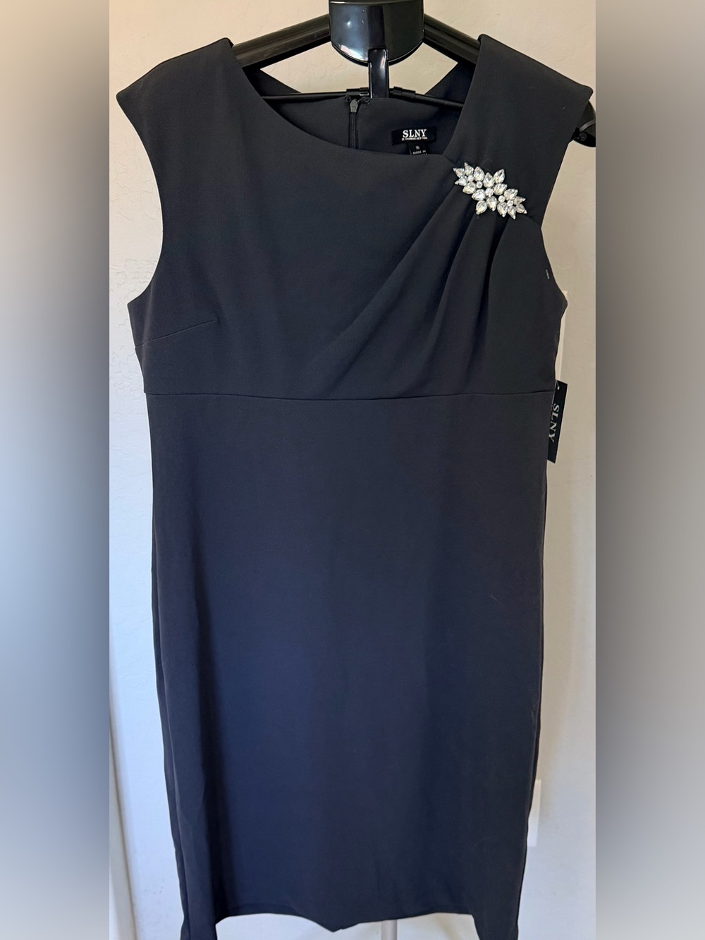 SLNY Black Sleeveless Midi Dress with Rhinestone Brooch